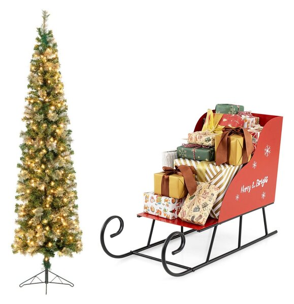 Costway Mezzo albero di Natale alto 210 cm e cestino slitta di babbo Natale in metallo, Albero artificiale rami e cestino decorazione festiva slitta carrello