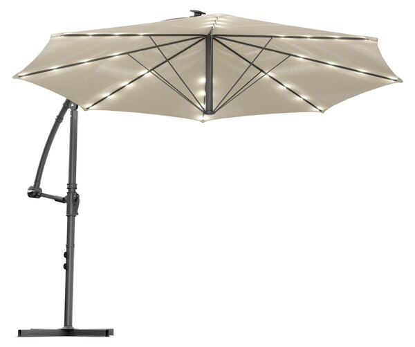 Solomoon - Ombrellone da giardino decentrato ø 350 cm con 32 led ad energia solare con manovella in accaio beige