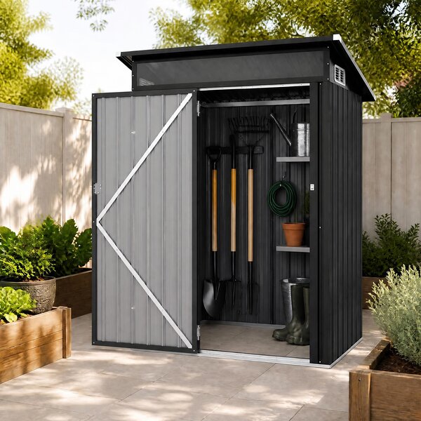 Costway Casetta da giardino in metallo zincato con tetto inclinato prese d'aria e guanti, Capanno porta attrezzi impermeabile per giardino e cortile Grigio Scuro