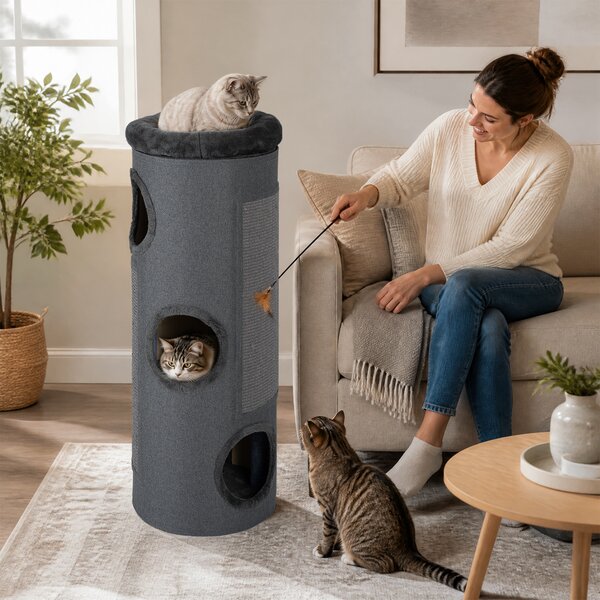Costway Casa per gatti a 4 piani con letto a caverna elevato, Tavoletta per graffi e altro ideale per più gatti Grigio