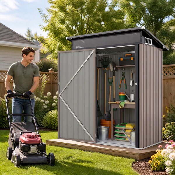 Costway Casetta da giardino in metallo zincato con tetto inclinato prese d'aria e guanti, Capanno porta attrezzi impermeabile per giardino e cortile Grigio Chiaro