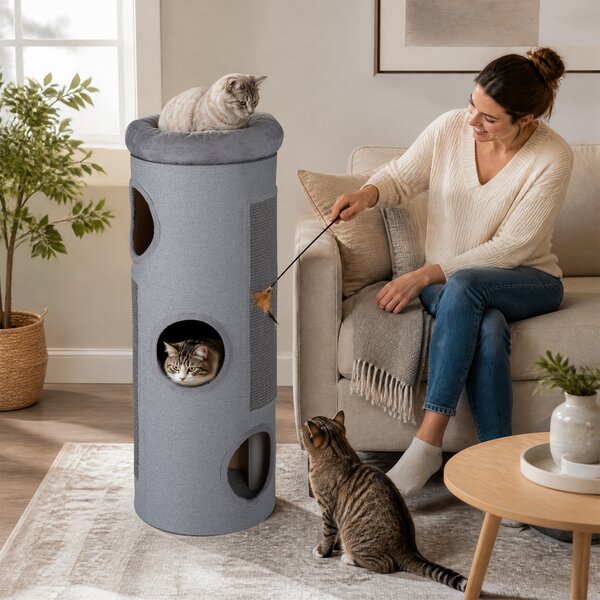 Costway Casa per gatti a 4 piani con letto a caverna elevato, Tavoletta per graffi e altro ideale per più gatti Grigio chiaro
