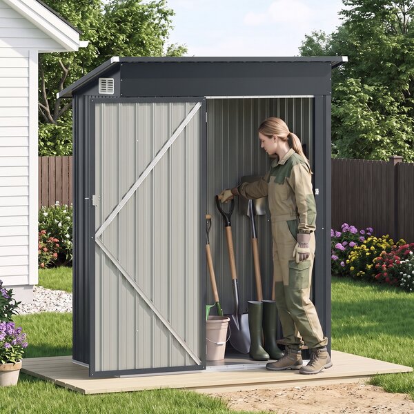 Costway Casetta da giardino in metallo zincato con 2 ripiani regolabili tetto inclinato, Capanno porta attrezzi impermeabile per giardino e cortile Grigio Scuro