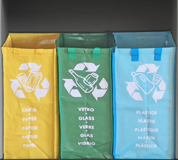 Buste per la raccolta differenziata Dimensioni 37x25xh 36 cm - tre borse per la raccolta differenziata Riutilizzabili e Lavabili blu, giallo, verde