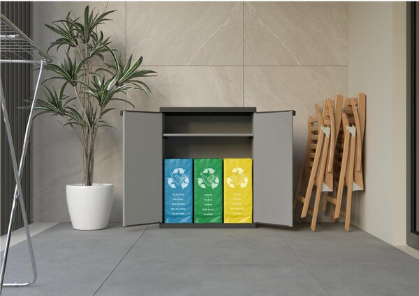 Armadietto per la raccolta differenziata Due Ante in resina di PVC Dimensioni 68x40xh 85 cm - un ripiano e tre borse per la raccolta differenziata