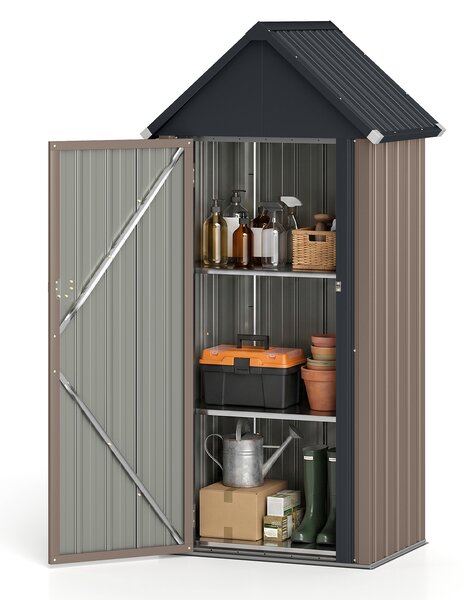 Costway Capanno da giardino in metallo zincato con 3 ripiani regolabili tetto spiovente e porta, Casetta porta attrezzi da esterno per cortile e patio Marrone