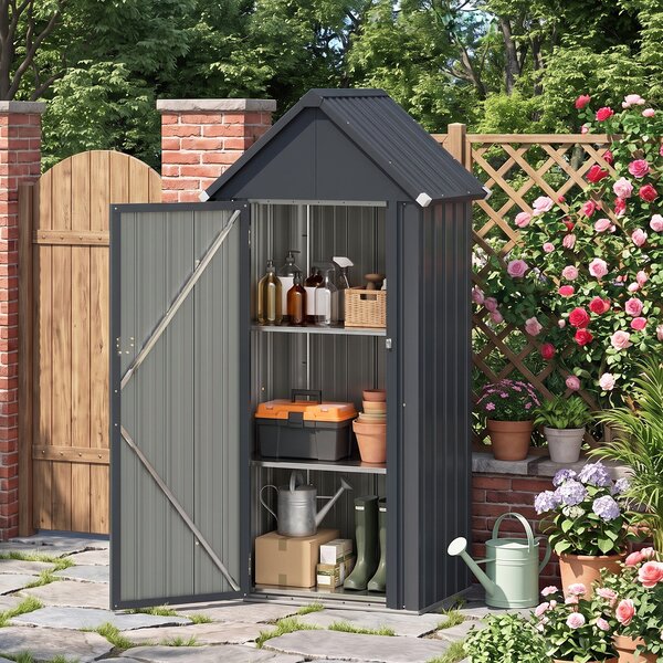 Costway Capanno da giardino in metallo zincato con 3 ripiani regolabili tetto spiovente e porta, Casetta porta attrezzi da esterno per cortile e patio Grigio