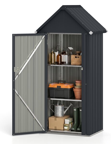 Costway Capanno da giardino in metallo zincato con 3 ripiani regolabili tetto spiovente e porta, Casetta porta attrezzi da esterno per cortile e patio Grigio