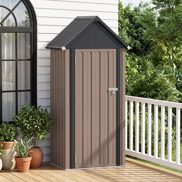 Costway Capanno da giardino in metallo zincato con 3 ripiani regolabili tetto spiovente e porta, Casetta porta attrezzi da esterno per cortile e patio Marrone