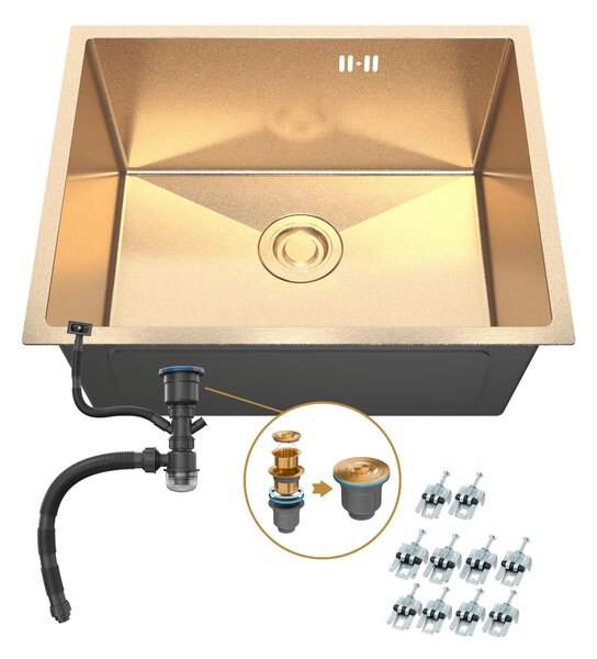 ANW HOME Lavello da cucina Lavello da incasso per mobile base Lavello in acciaio inossidabile 304 1 vasca senza sgocciolatoio 54x44 cm Rivestimento nano dorato