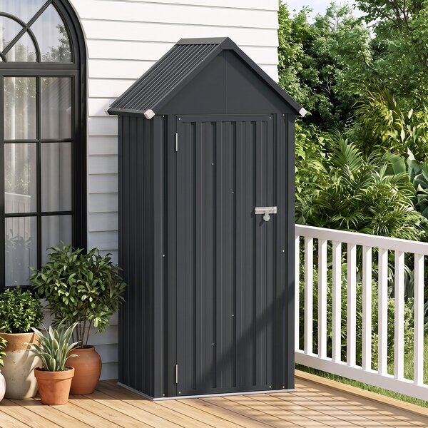 Costway Capanno da giardino in metallo zincato con 3 ripiani regolabili tetto spiovente e porta, Casetta porta attrezzi da esterno per cortile e patio Grigio