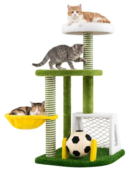 Costway Albero tiragraffi per gatti a tema calcio con torre per gatti con 2 piattaforme pali e pallone da calcio in sisal, Porta piccola per soggiorno e camera