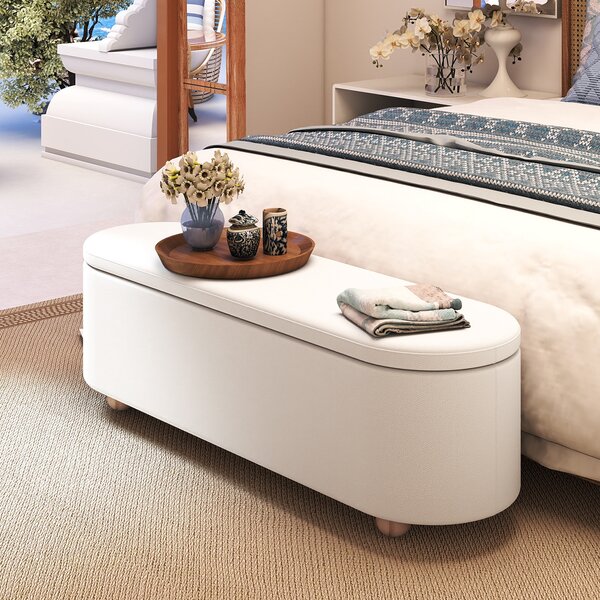 Costway Panca contenitore ovale imbottito 139 cm coperchio ribaltabile, Panca contenitore gambe in legno di caucciù Bianco