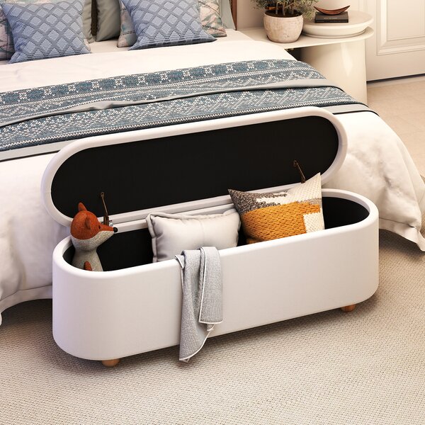 Costway Panca contenitore ovale imbottito 139 cm coperchio ribaltabile, Panca contenitore gambe in legno di caucciù Bianco