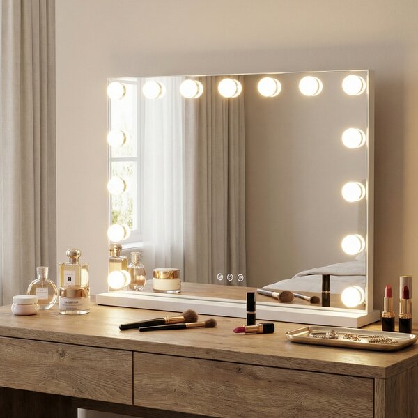 Costway Specchio trucco hollywood luci illuminato tavolo parete 3 colori luce, Specchio luminosità regolabile controllo tattile camera letto camerino 58 x 12 x 45,5 cm