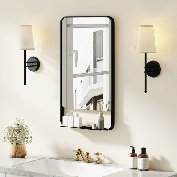 Costway Specchio da bagno led con mensola cornice alluminio funzione antiappannamento, Specchio da trucco 3 colori luce luminosità regolabile