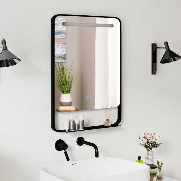 Costway Specchio da bagno led con mensola cornice alluminio funzione antiappannamento, Specchio da trucco 3 colori luce luminosità regolabile