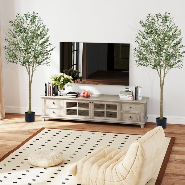 Costway Set da 2 alberi di ulivo artificiali con vaso in plastica e 72 frutti, Piante finte di ulivo per decorazioni domestiche