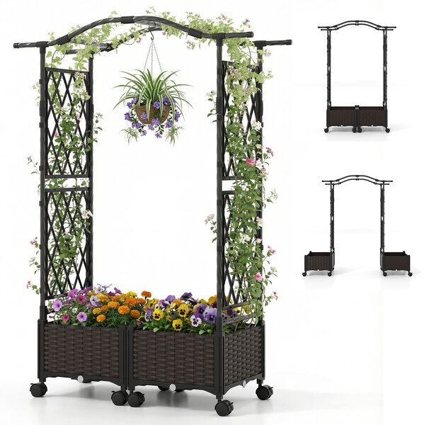 Costway Cassette per piante con irrigazione automatica graticcio e tetto, letto da giardino rialzato su ruote bloccatili rattan impermeabile Marrone
