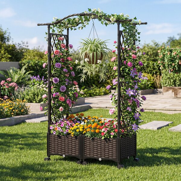 Costway Cassette per piante con irrigazione automatica graticcio e tetto, letto da giardino rialzato su ruote bloccatili rattan impermeabile Marrone