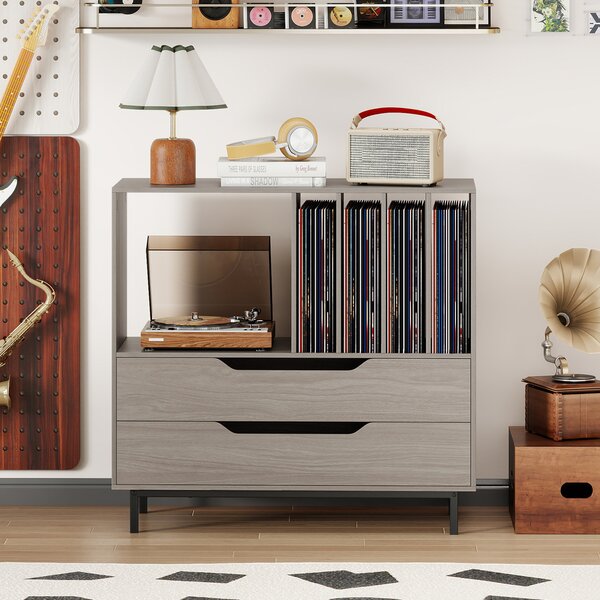 Costway Supporto per giradischi con scomparto aperto 4 ripiani per vinili e 2 cassetti, Supporto Porta vinili retrò Grigio