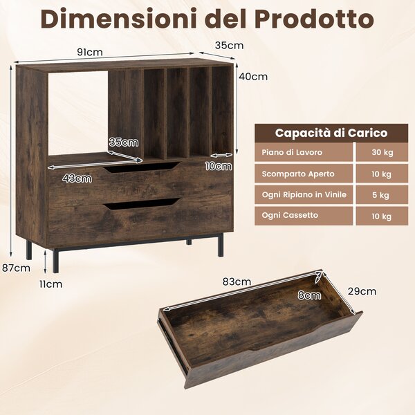 Costway Supporto per giradischi con scomparto aperto 4 ripiani per vinili e 2 cassetti, Supporto Porta vinili retrò Marrone