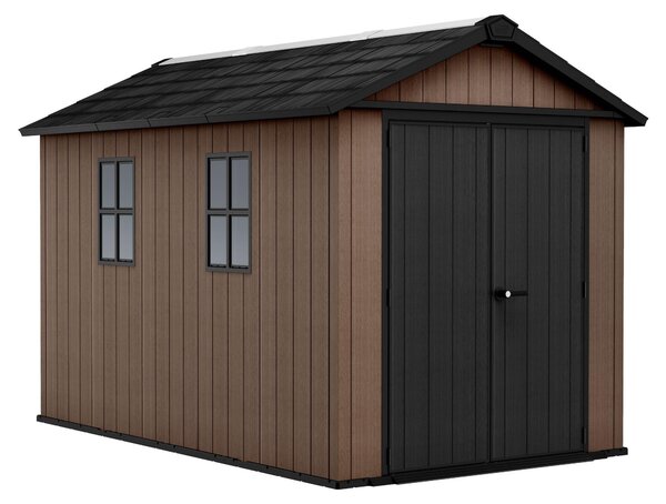 Newton + 7511/1175 - Casetta da Giardino 350x246x230 cm 2 Ante per deposito attrezzi finitura effetto legno Evotech+ in Resina Marrone e Nero