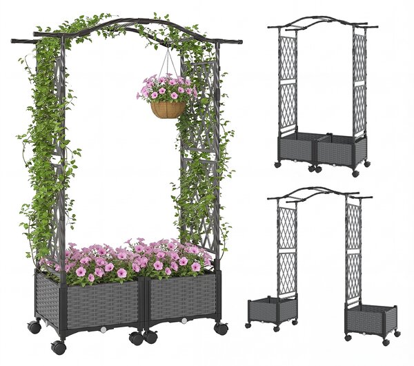 Costway Cassette per piante con irrigazione automatica graticcio e tetto, letto da giardino rialzato su ruote bloccatili rattan impermeabile Grigio