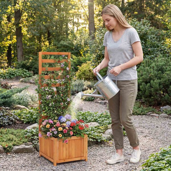 Costway Letto da giardino rialzato in legno con traliccio e fori di drenaggio, Fioriera elevata per piante rampicanti viti fiori verdure interni ed esterni