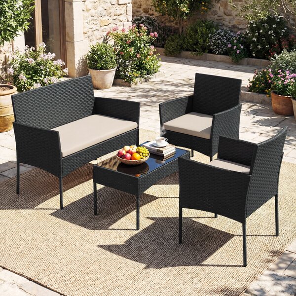 Costway Salotto da giardino in rattan 4 pz con divano poltrone e tavolino vetro, Set esterno con cuscini per balcone terrazzo e patio Beige