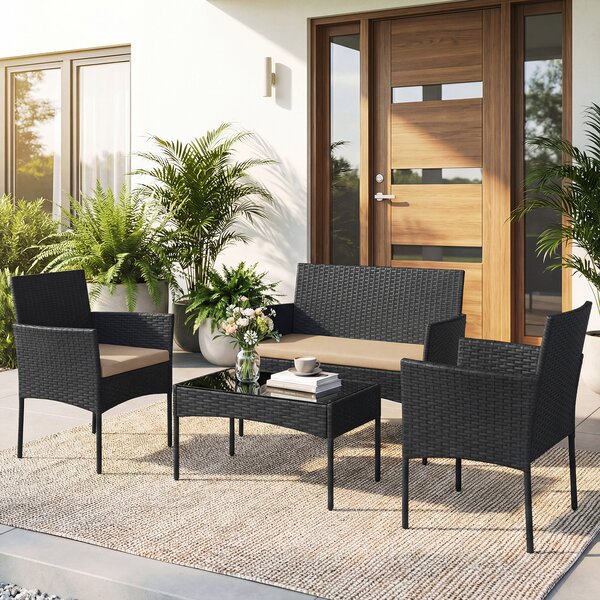 Costway Salotto da giardino in rattan 4 pz con divano poltrone e tavolino vetro, Set esterno con cuscini per balcone terrazzo e patio Tortora