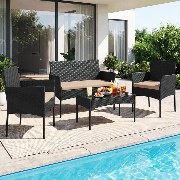 Costway Salotto da giardino in rattan 4 pz con divano poltrone e tavolino vetro, Set esterno con cuscini per balcone terrazzo e patio Tortora