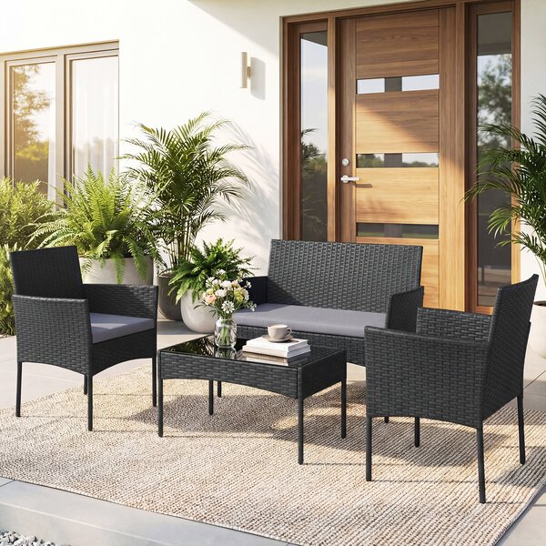 Costway Salotto da giardino in rattan 4 pz con divano poltrone e tavolino vetro, Set esterno con cuscini per balcone terrazzo e patio Grigio