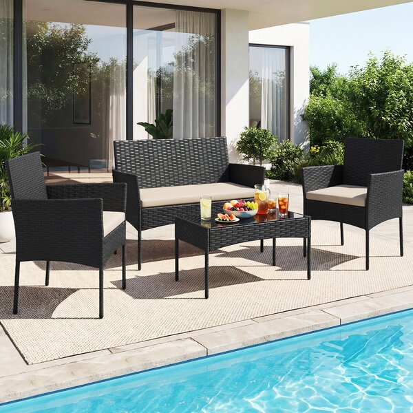 Costway Salotto da giardino in rattan 4 pz con divano poltrone e tavolino vetro, Set esterno con cuscini per balcone terrazzo e patio Beige