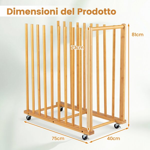 Costway Portadisegni con ruote e manico scaffale a 9 slot in bambù stendino artistico per studio e classe, Portatele per dipinti pitture e opere d'arte