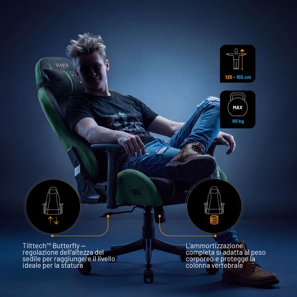 Sedia gaming in tessuto nero-verde Diablo X-One 2.0 Forest Green Small