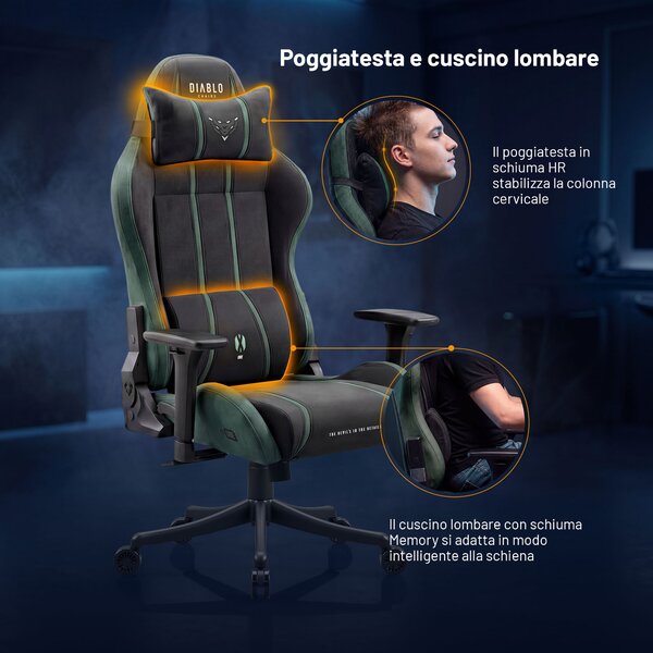 Sedia gaming in tessuto nero-verde Diablo X-One 2.0 Forest Green Small