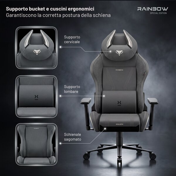 Sedia gaming grigia in tessuto X-Horn 2.0 Rainbow Grey, Normal