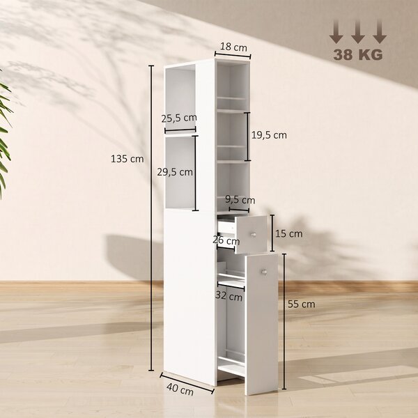 HOMCOM Mobile Colonna Bagno con 2 Cassetti, 2 Ripiani e 3 Scomparti, in Legno, 18x40x135 cm, Bianco | Aosom Italy