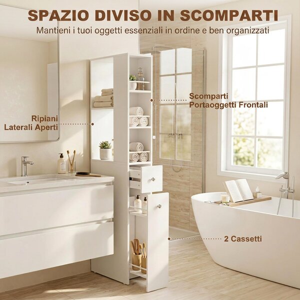 HOMCOM Mobile Colonna Bagno con 2 Cassetti, 2 Ripiani e 3 Scomparti, in Legno, 18x40x135 cm, Bianco | Aosom Italy