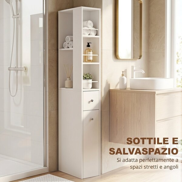 HOMCOM Mobile Colonna Bagno con 2 Cassetti, 2 Ripiani e 3 Scomparti, in Legno, 18x40x135 cm, Bianco | Aosom Italy