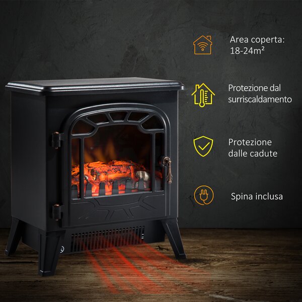 HOMCOM Camino Elettrico con Effetto Fiamma Regolabile Potenza 900W/1800W, 36 x 25.5 x 41.5cm, Nero|Aosom