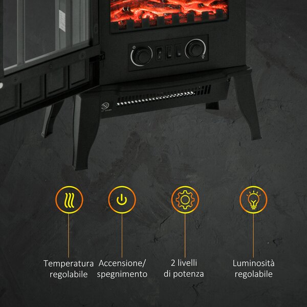HOMCOM Camino da Terra Elettrico Potenza 1000W / 2000W con Effetto Fiamma Luminosità Regolabile Ferro e Vetro 39×23×56.5cm|Aosom