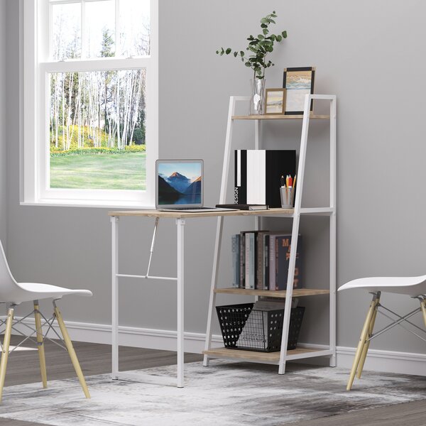 HOMCOM Scrivania con Libreria, 3 Ripiani, Scrivania Pieghevole con Ampio Pianoin Legno, Telaio in Metallo, Bianco e Rovere, 106x48x128cm|Aosom