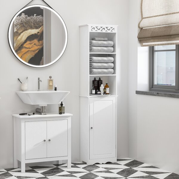 Homcom Mobiletto a Colonna Bagno in Legno con Decoro Intaglio Floreale Bianco 40 x 23 x 160|Aosom Italy|Aosom