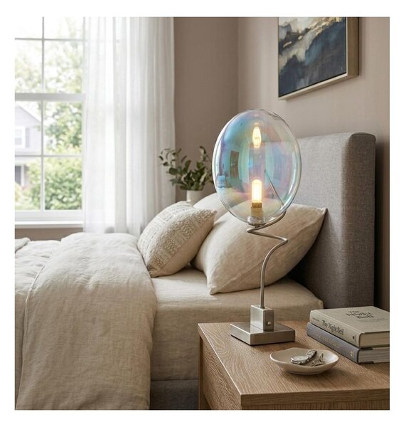 UVA LAMPADA DA TAVOLO CON BRACCIO FLESSIBILE CROMO O NICHEL E CON SFERA IN VETRO IRIDESCENTE LAMPADINA G9