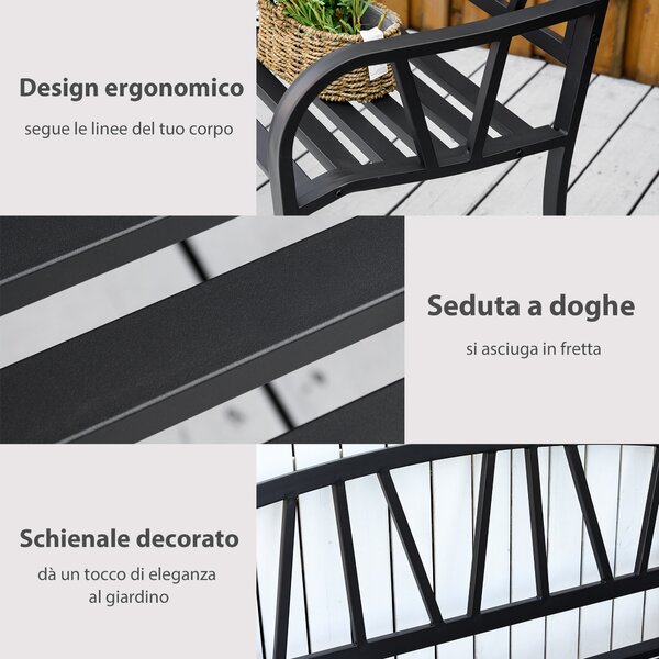 Outsunny Panchina da Giardino in Metallo Nero Impermeabile, Panca da Esterno in Ferro 2 Posti, 128x56x86cm|Aosom