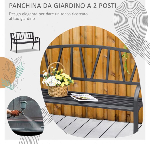 Outsunny Panchina da Giardino in Metallo Nero Impermeabile, Panca da Esterno in Ferro 2 Posti, 128x56x86cm|Aosom