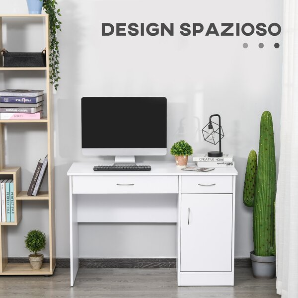 HOMCOM Scrivania Moderna per PC e Computer con 2 Cassetti e 1 Armadietto per Ufficio o Camera in Legno Bianco|Aosom