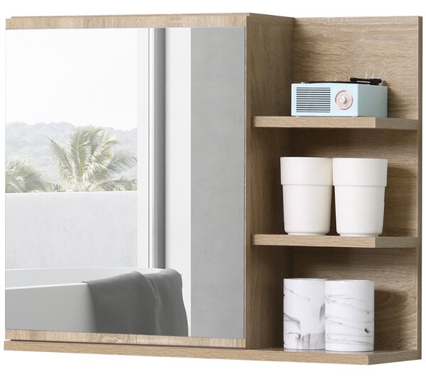 Kleankin Mobile Specchiera Bagno a Parete, Armadietto Pensile con Anta e Ripiani in Legno, 60x18x50cm, Naturale|Aosom